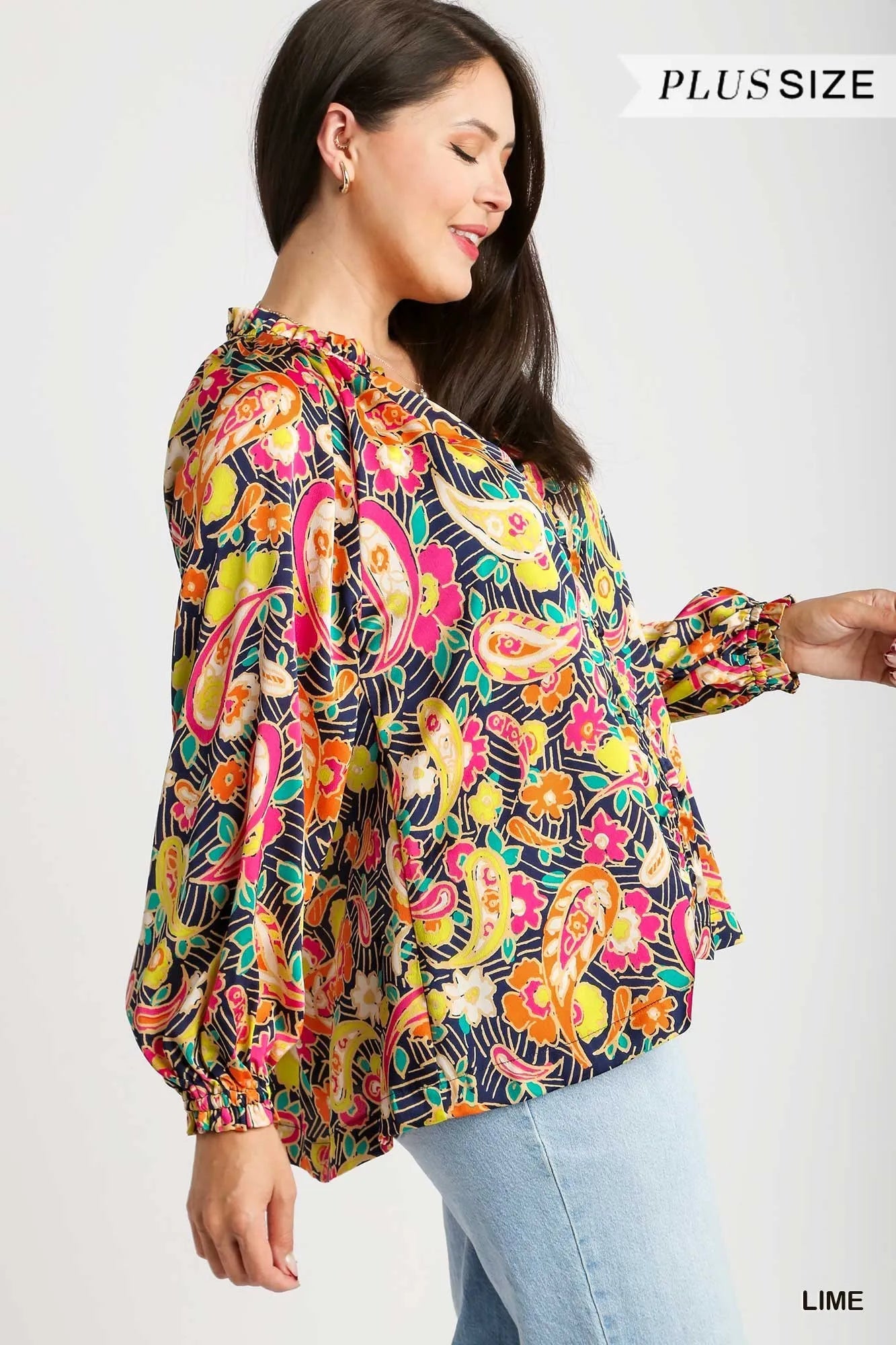 Plus size Umgee satin paisley ruffle neck button-up shirt with long sleeves, in lime green, by Trendsi.