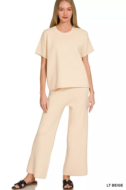 Beige Zenana viscose round neck top and pants set, casual loungewear with comfortable fit and relaxed style.