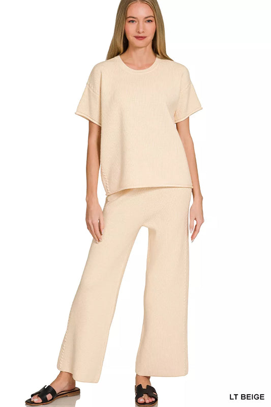 Beige Zenana viscose round neck top and pants set, casual loungewear with comfortable fit and relaxed style.