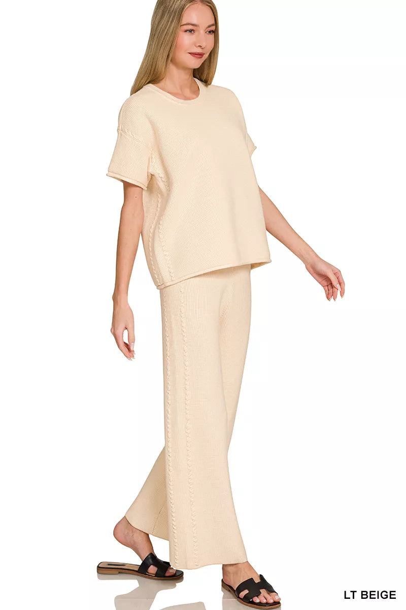 Beige Zenana viscose round neck top and pants set with long sleeves, relaxed fit, and comfortable style.