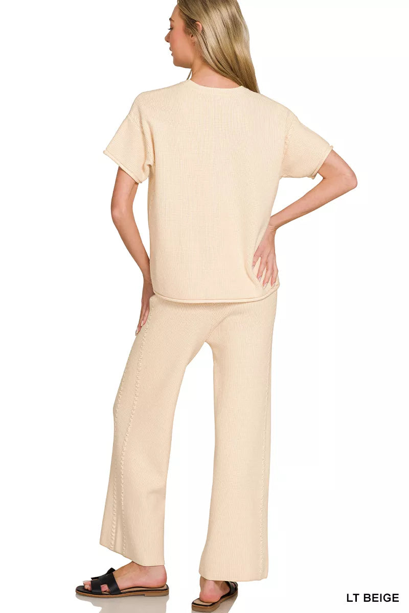 Beige Zenana viscose round neck top and pants set with long sleeves, casual and comfortable for everyday wear.