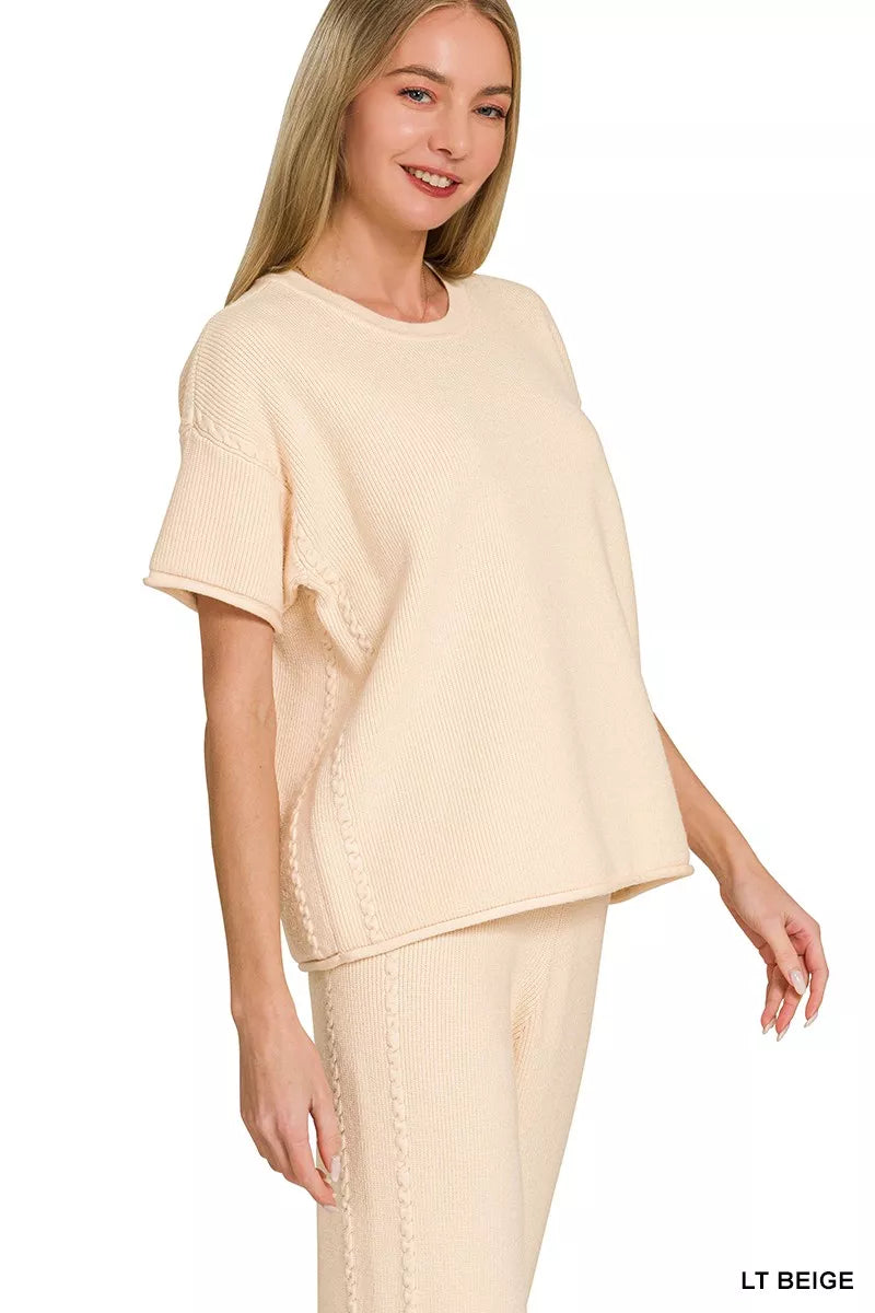 Beige Zenana viscose round neck top and pants set with long sleeves and relaxed fit, stylish and comfortable for casual wear.
