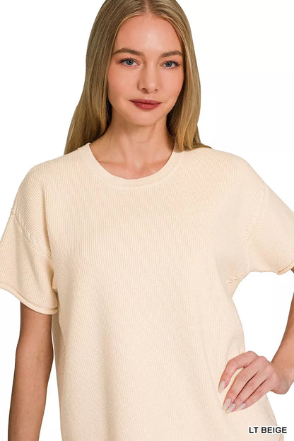 Beige Zenana viscose round neck top and matching pants set, casual and comfortable outfit from Trendsi.