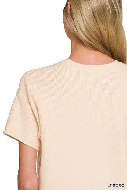 Beige Zenana viscose round neck top and matching pants set by Trendsi, shown on a model with a relaxed fit.