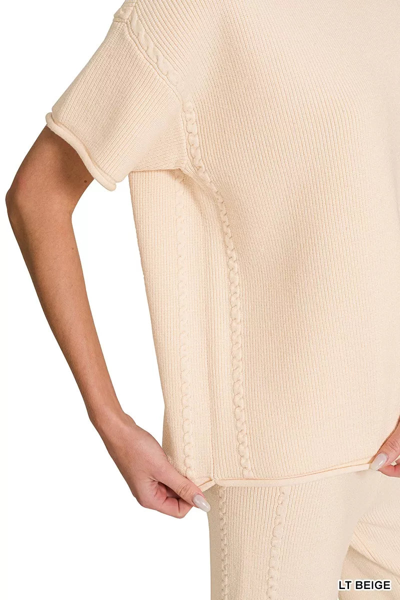Beige Zenana viscose round neck top and matching pants set, casual and comfortable for everyday wear.