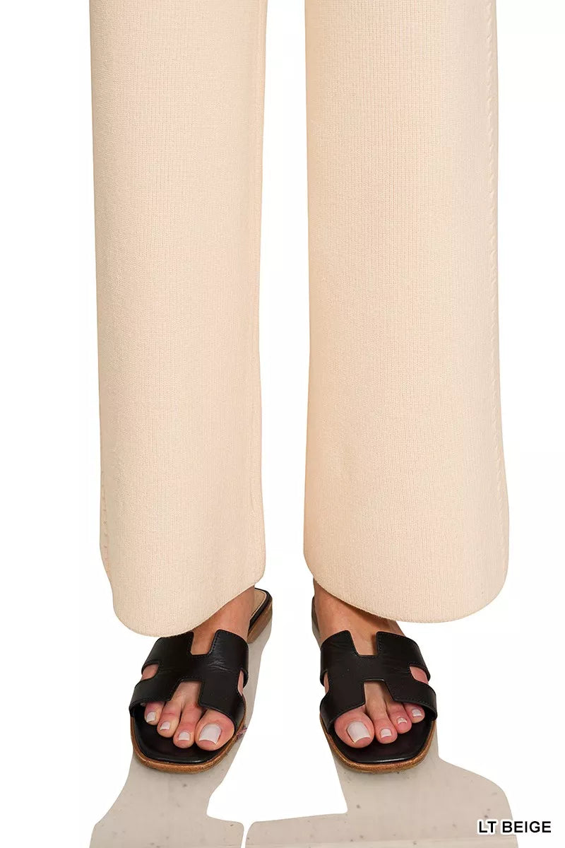 Beige Zenana Viscose round neck top and matching pants set, casual and comfortable women's clothing from Trendsi.
