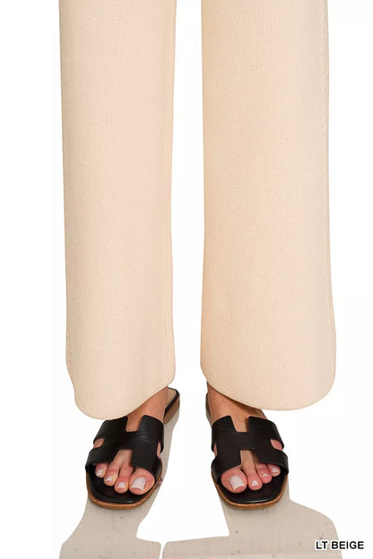 Beige Zenana Viscose round neck top and matching pants set, casual and comfortable women's clothing from Trendsi.