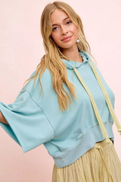 Trendsi BiBi washed terry short sleeve hoodie top with drawstring, light blue and pale lemon color, casual and comfortable fit