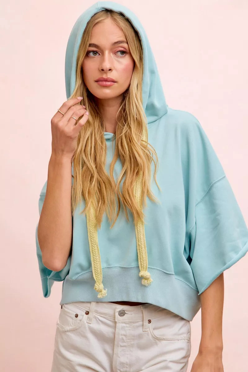 Light blue BiBi washed terry short sleeve hoodie top with drawstring details and relaxed fit, by Trendsi.