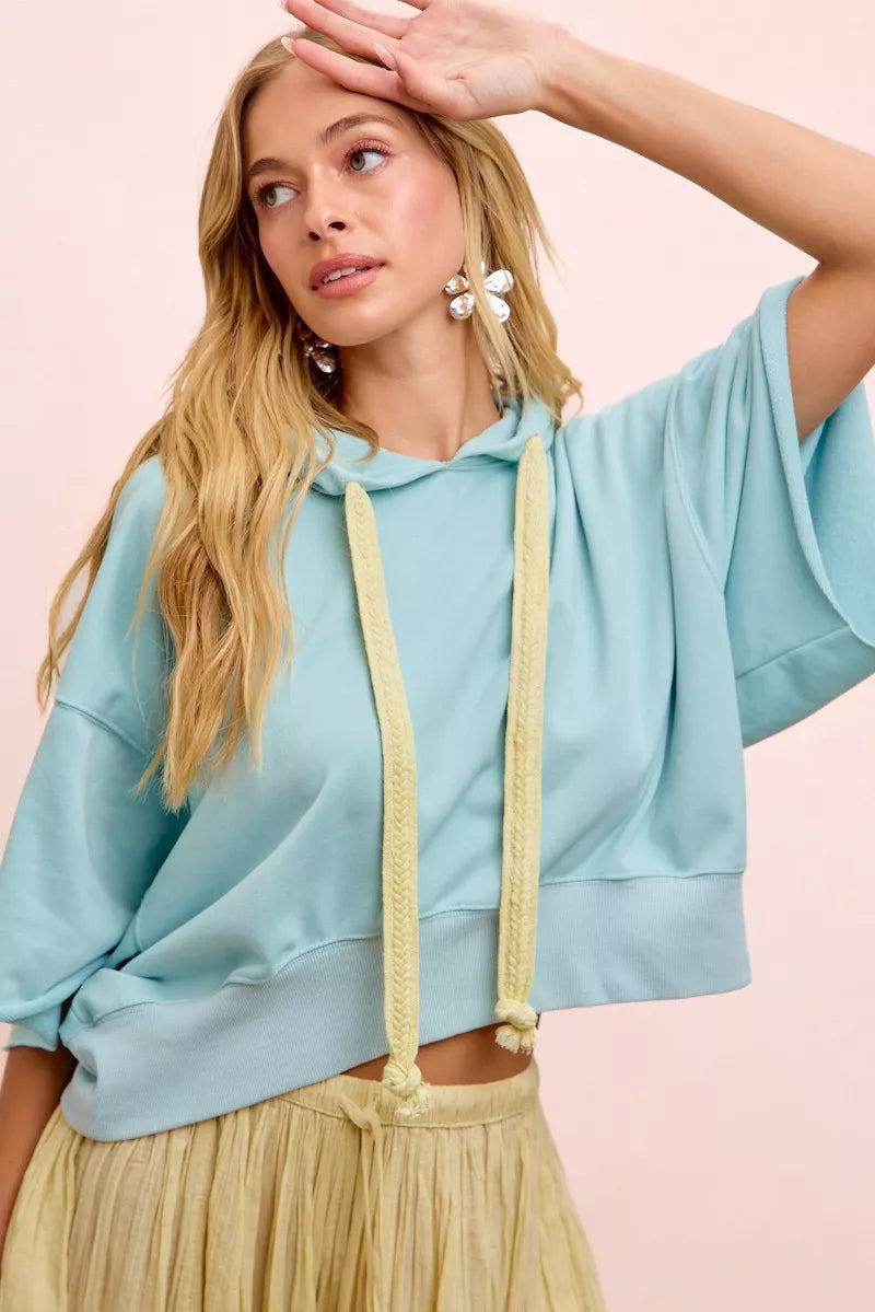 Pale lemon blue BiBi washed terry short sleeve hoodie top with drawstring waist, casual style, by Trendsi.
