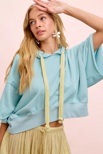 Pale lemon blue BiBi washed terry short sleeve hoodie top with drawstring waist, casual style, by Trendsi.