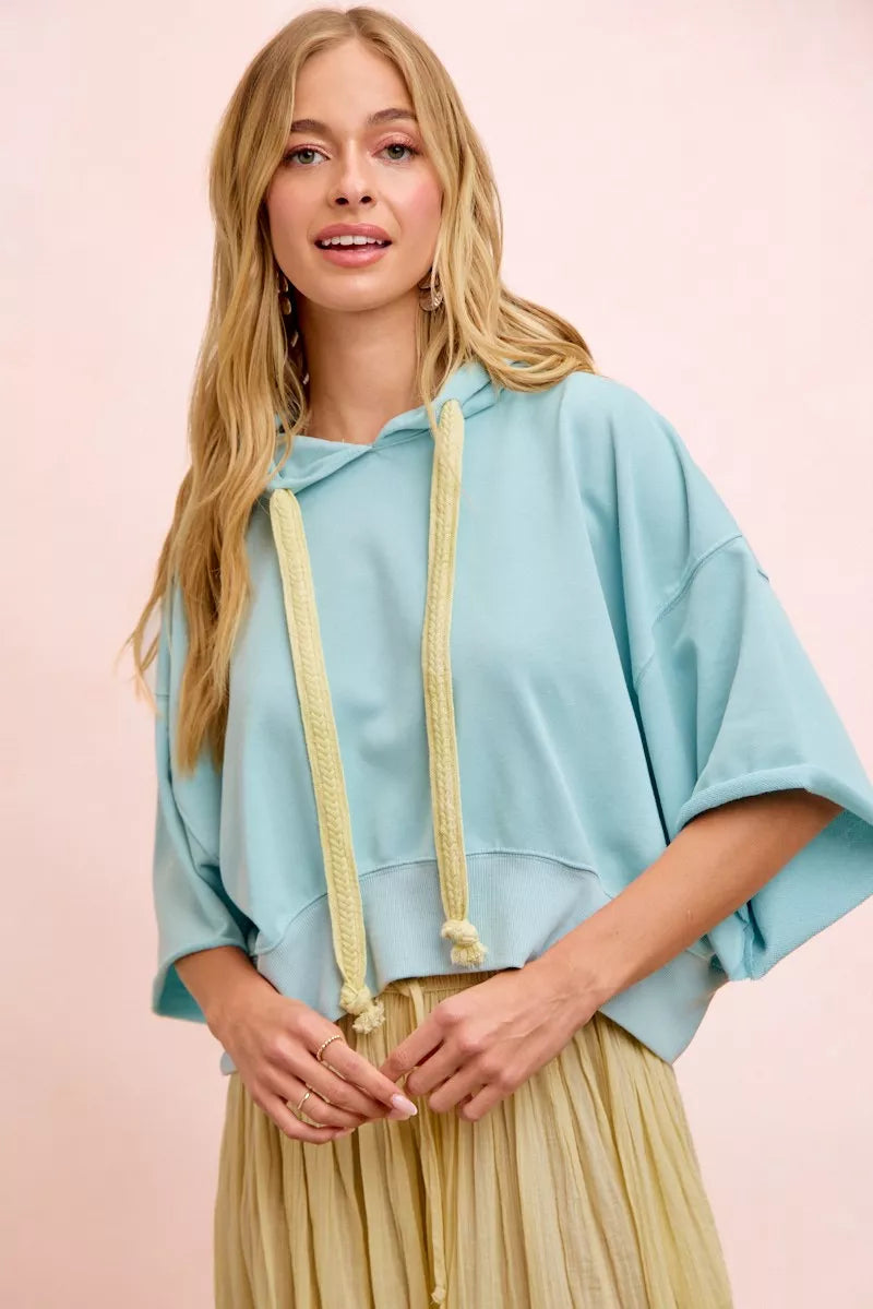 Trendsi BiBi washed terry short sleeve hoodie top with drawstring in pale lemon and light blue, casual and comfortable fit