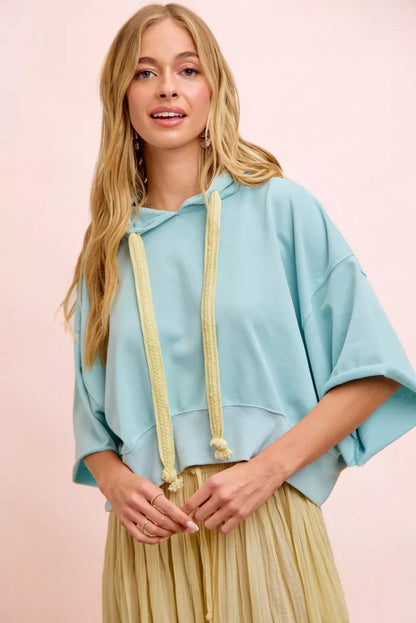 Trendsi BiBi washed terry short sleeve hoodie top with drawstring in pale lemon and light blue, casual and comfortable fit