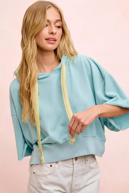 Light blue BiBi washed terry short sleeve hoodie top with drawstring, casual style, by Trendsi.