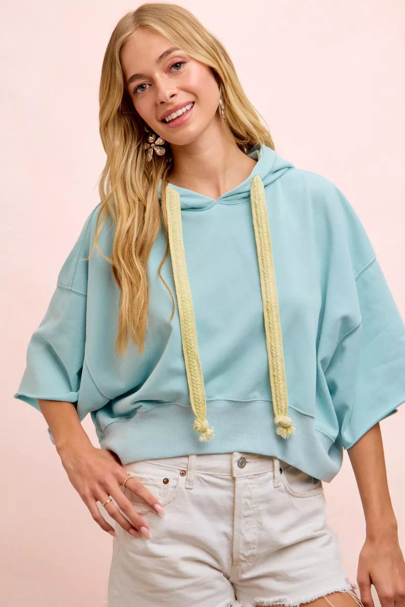 Light blue BiBi washed terry short sleeve hoodie top with drawstring waist, casual style, from Trendsi.