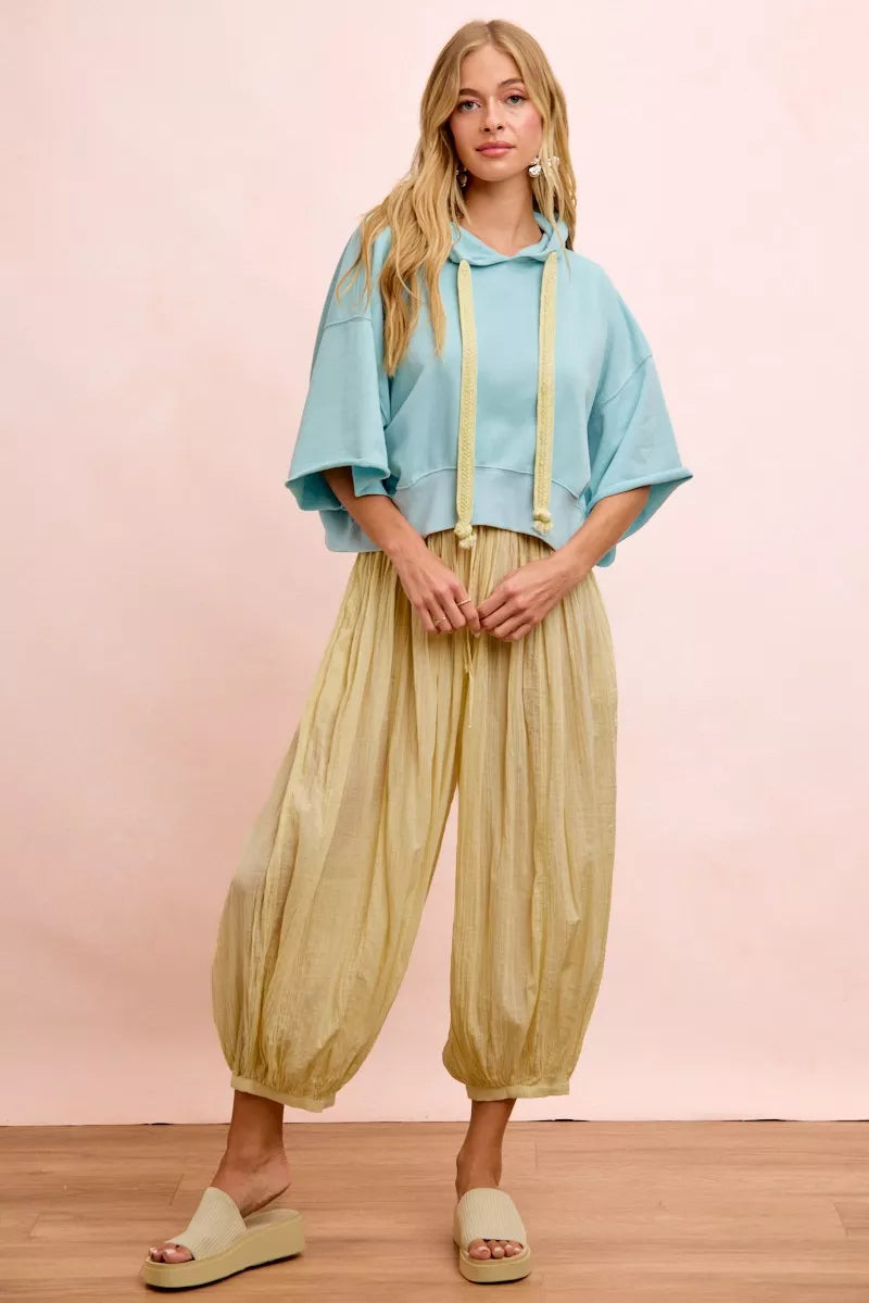 Light blue and pale lemon BiBi washed terry short sleeve hoodie top with drawstring, casual and stylish from Trendsi.