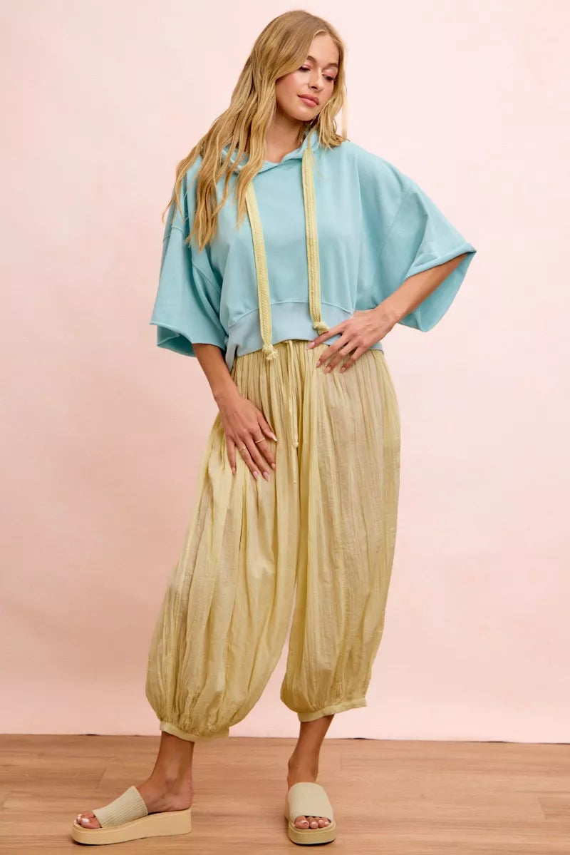 Light blue BiBi washed terry short sleeve hoodie top with drawstring, casual and comfortable from Trendsi.