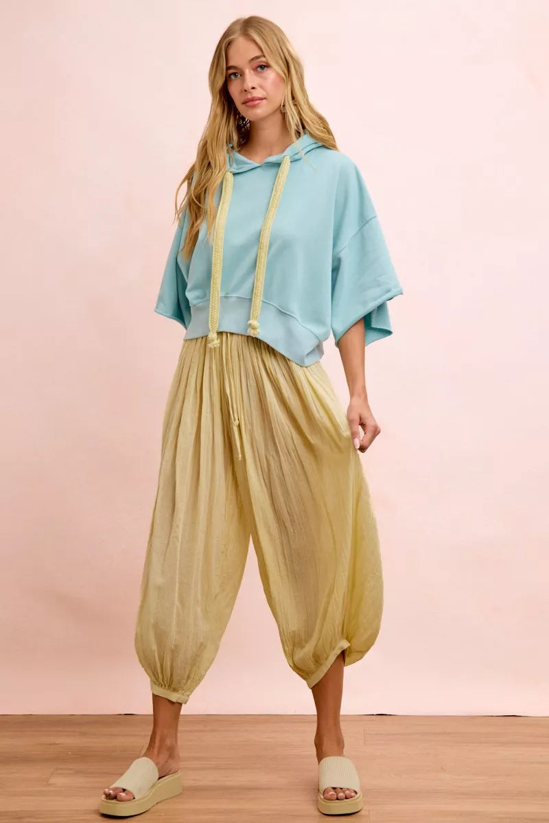 Light blue BiBi washed terry short sleeve hoodie top with drawstring, casual style, by Trendsi.