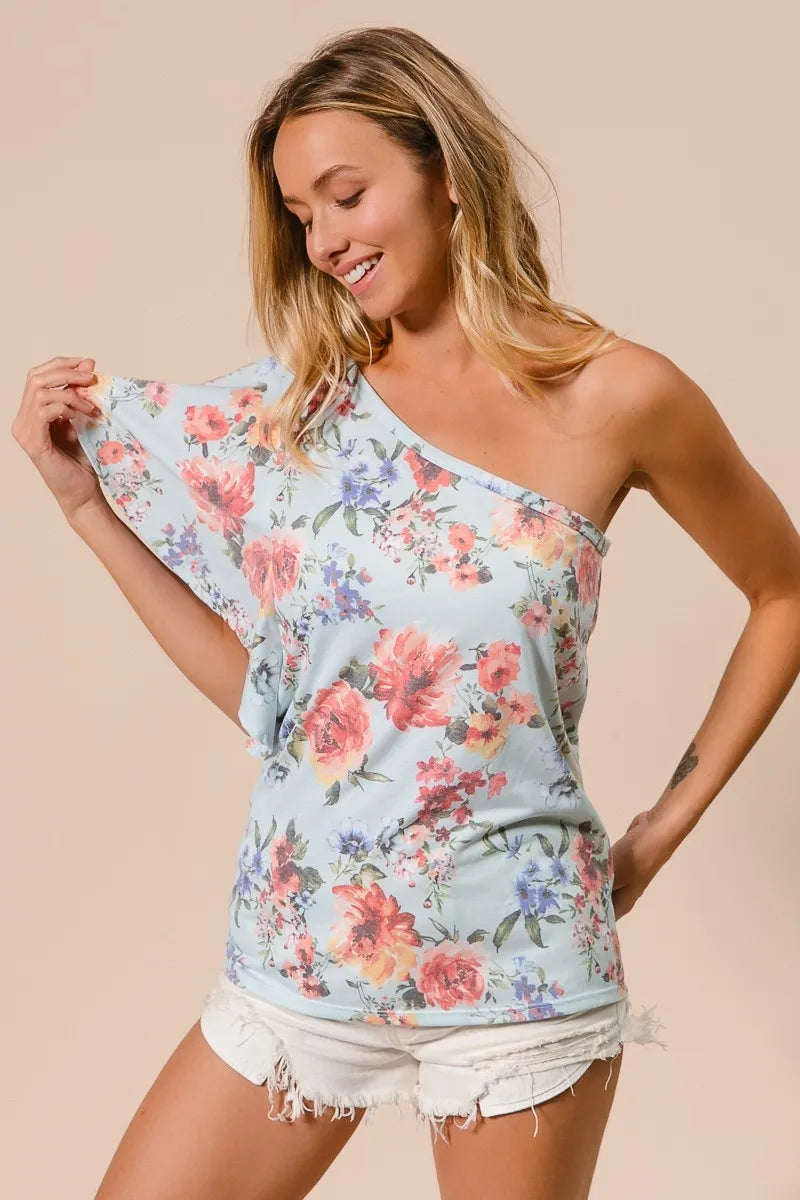 Trendi blue floral printed jersey knit ruffle sleeve top with short sleeves and relaxed fit, stylish and comfortable for casual wear.