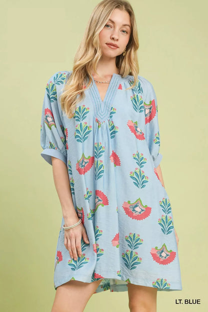 Light blue Umgee abstract print mini dress with short sleeves and relaxed fit, perfect for casual or summer wear.
