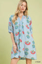 Light blue Umgee abstract print mini dress with short sleeves and relaxed fit, perfect for casual or summer wear.