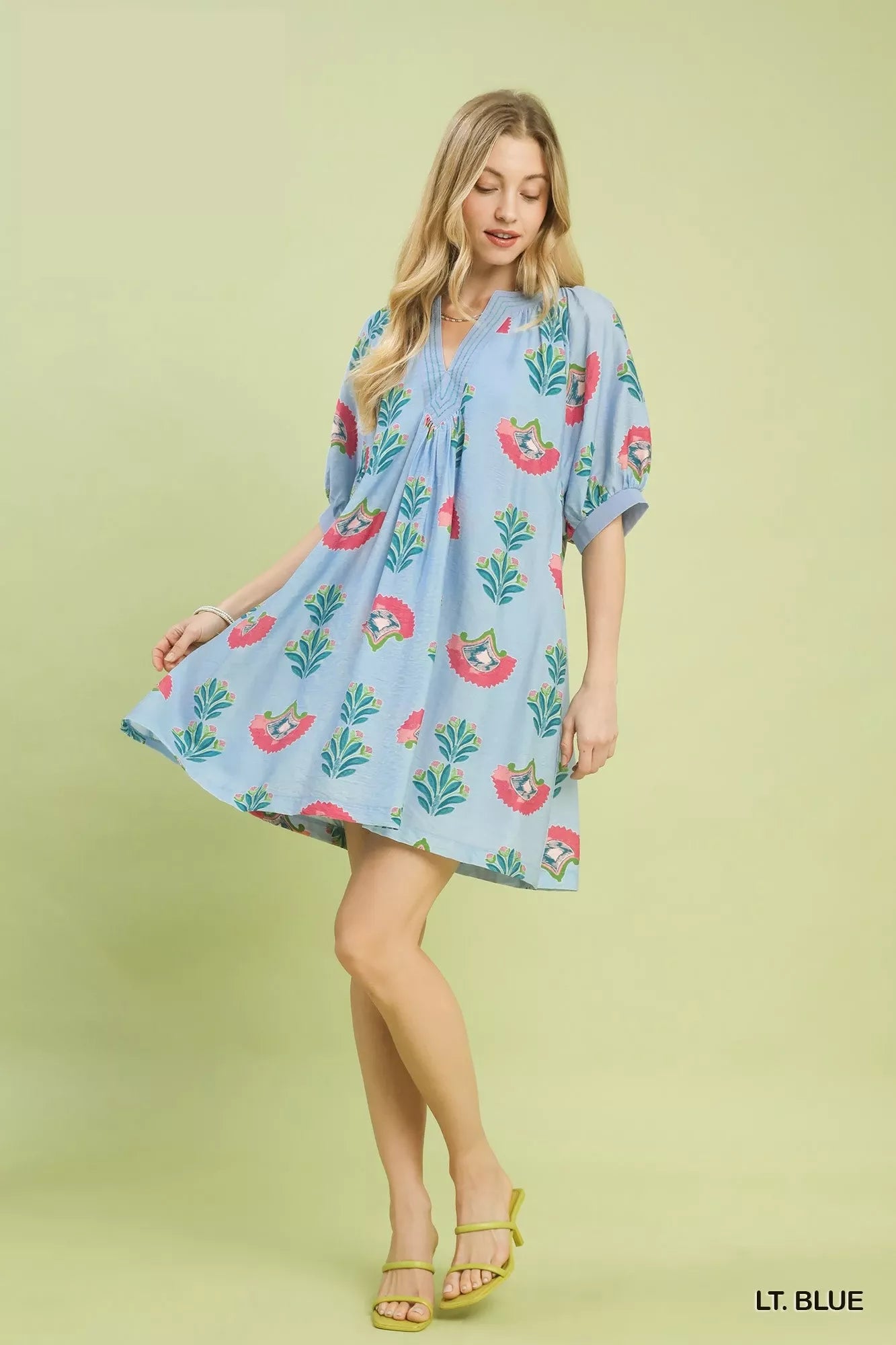 Light blue Umgee abstract print mini dress featuring a relaxed fit and stylish design, perfect for casual or summer wear.