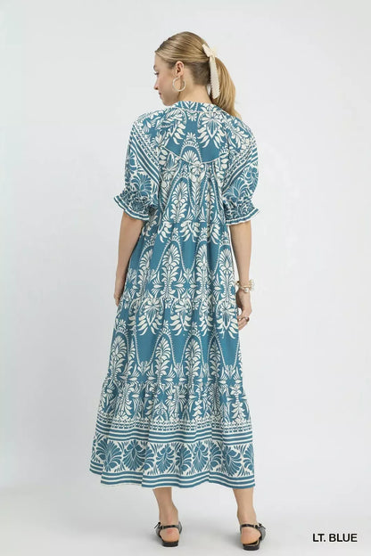 Blue and white two-tone border print midi dress by Umgee, featuring a flowy silhouette and stylish design.