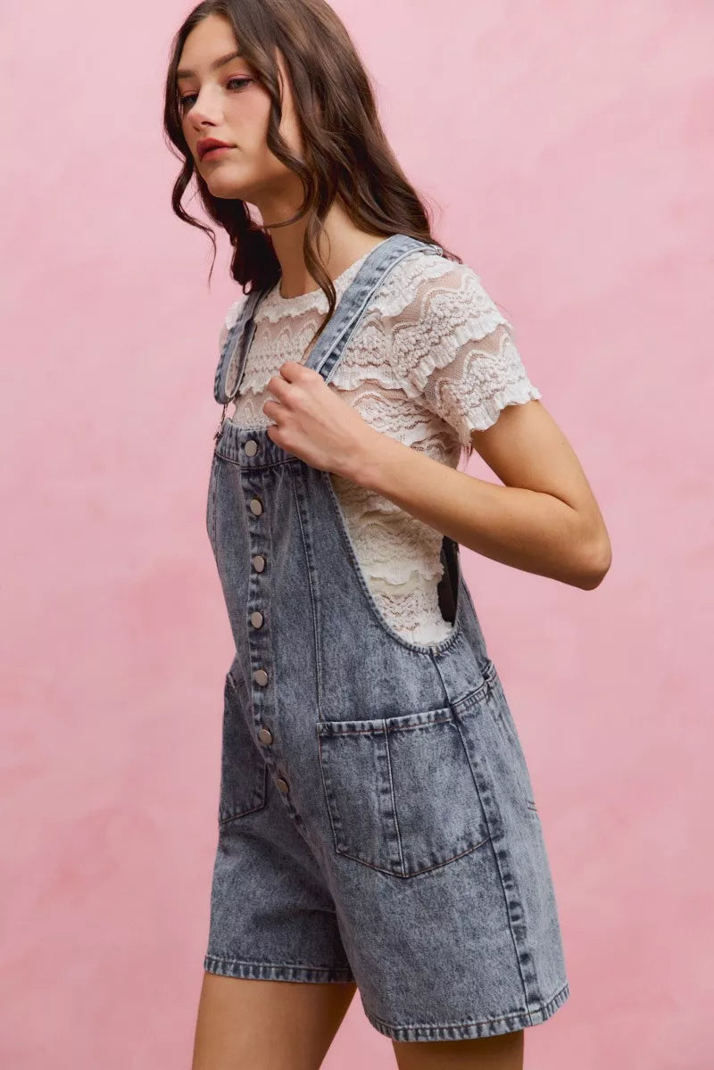 Trendsi SO ME denim washed front romper with adjustable straps, casual denim romper for women, front view.