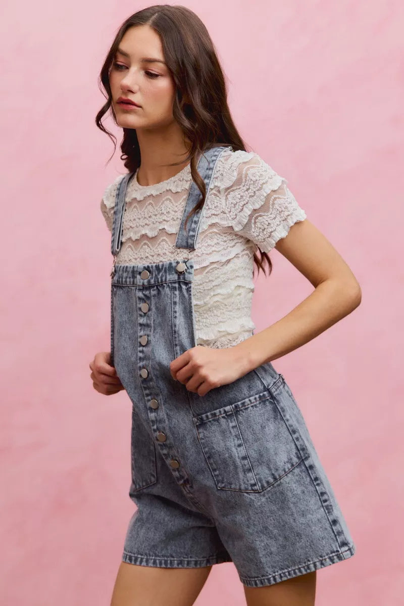 Trendsi SO ME denim washed front romper with adjustable straps, casual summer romper for women, front view