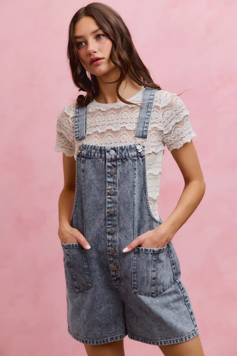 Trendsi SO ME denim washed romper with adjustable straps, front design, casual style, and sleeveless fit.