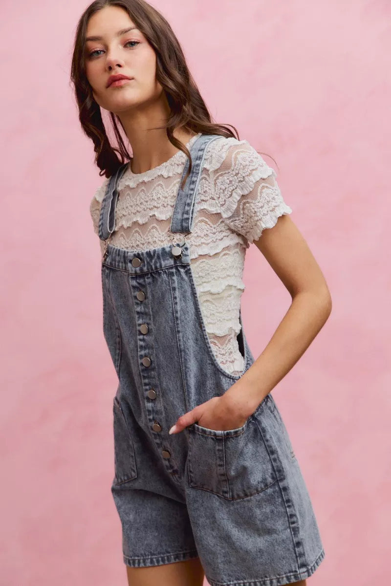 Trendsi SO ME denim washed front romper with adjustable straps, featuring a casual denim design and front stitching details.
