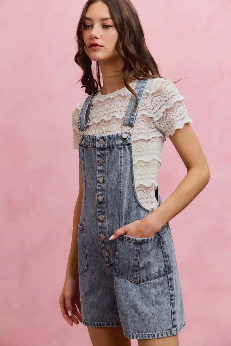 Trendsi SO ME denim romper with washed front, adjustable straps, and a casual sleeveless design, perfect for warm weather.