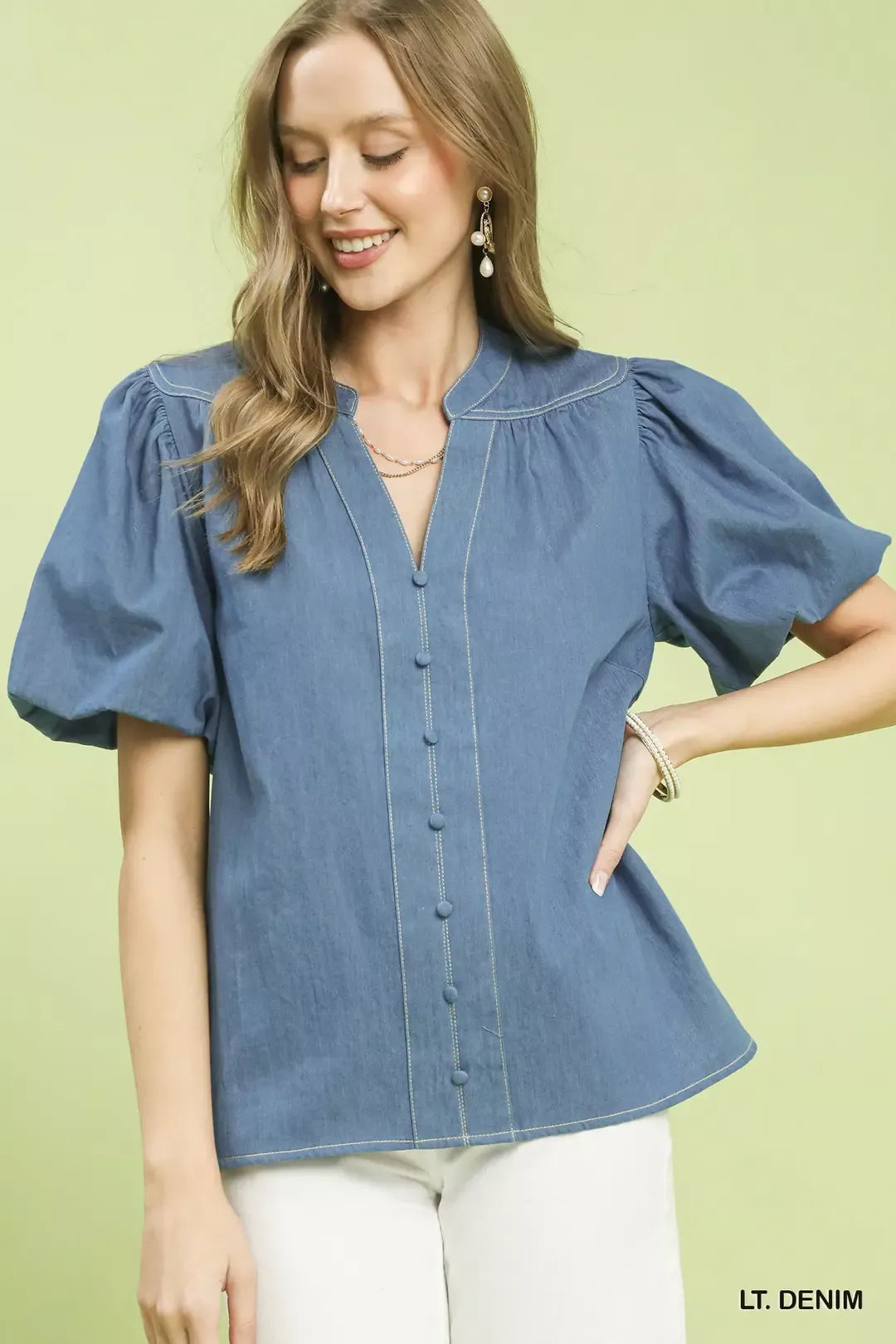 Umgee denim boho blouse with button front and puff sleeves, casual fashion top from Trendsi with stylish relaxed fit.