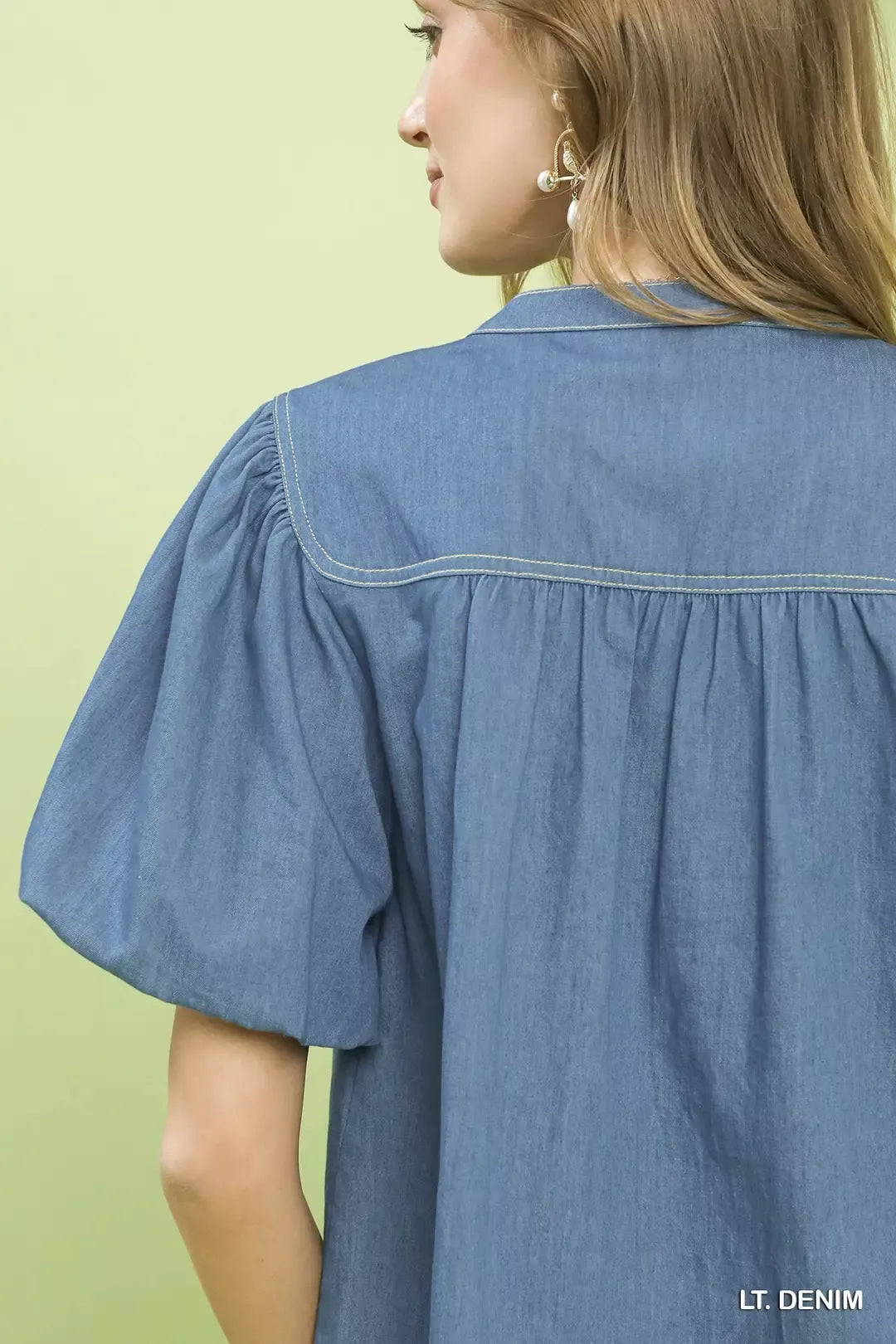 Umgee denim boho blouse with button front and puff sleeves, stylish casual top for women.