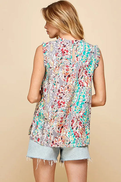 Plus size lime and chili graphic print sleeveless mock neck top with ruffle trim from Trendsi, featuring a stylish full-size design.