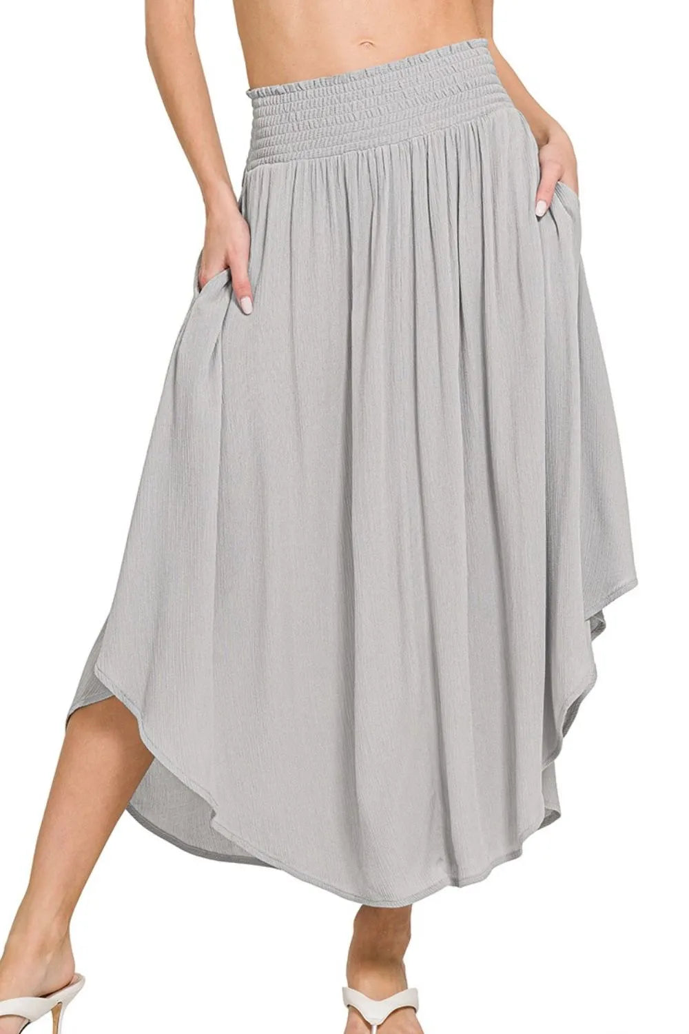 Light grey Zenana woven crinkle maxi skirt with smocked waist and pockets, styled for a casual, comfortable look.