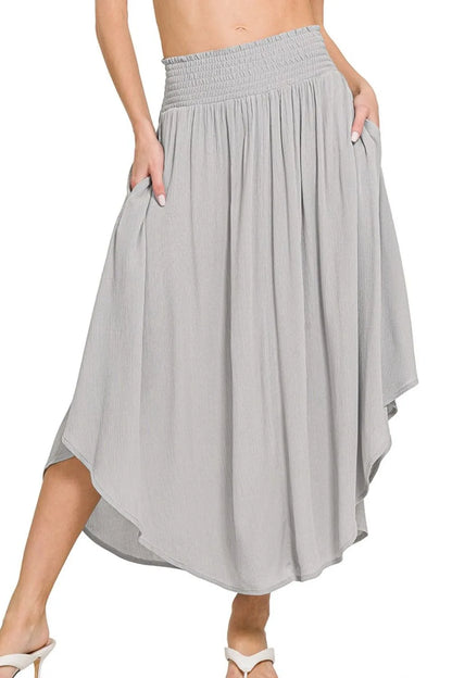 Light grey Zenana woven crinkle maxi skirt with smocked waist and pockets, styled for a casual, comfortable look.
