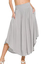 Light grey Zenana woven crinkle maxi skirt with smocked waist and pockets, styled for a casual, comfortable look.