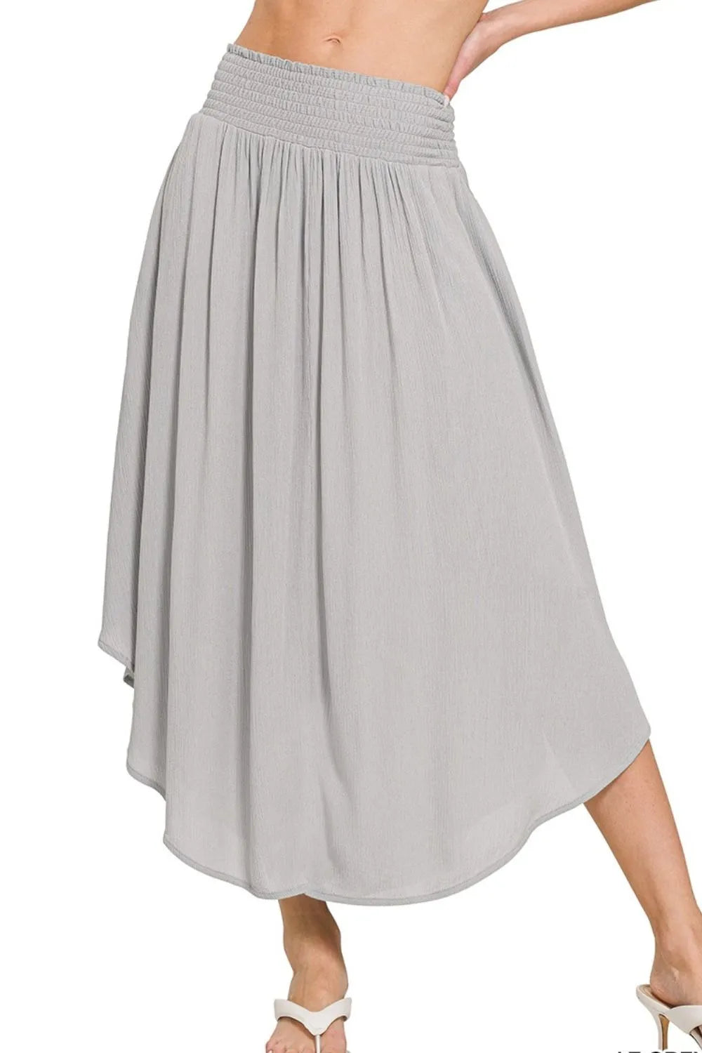 Light grey Zenana woven crinkle maxi skirt with smocked waist and side pockets, stylish and comfortable for casual wear.