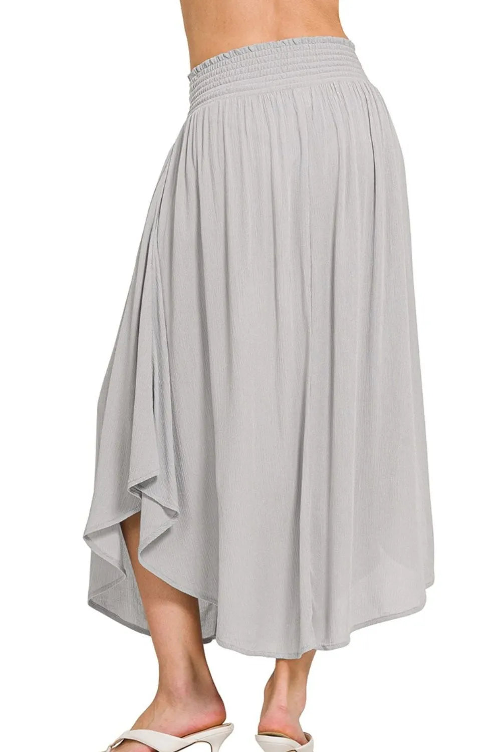 Light grey Zenana woven crinkle maxi skirt with smocked waist and pockets, perfect for casual and stylish wear.