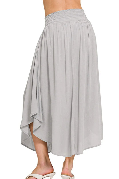 Light grey Zenana woven crinkle maxi skirt with smocked waist and pockets, perfect for casual and stylish wear.