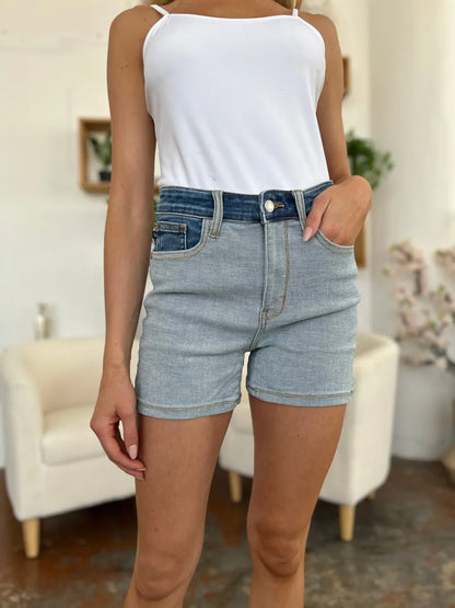 Color block denim shorts by Judy Blue featuring a full size fit, casual style, and trendy multicolor design.