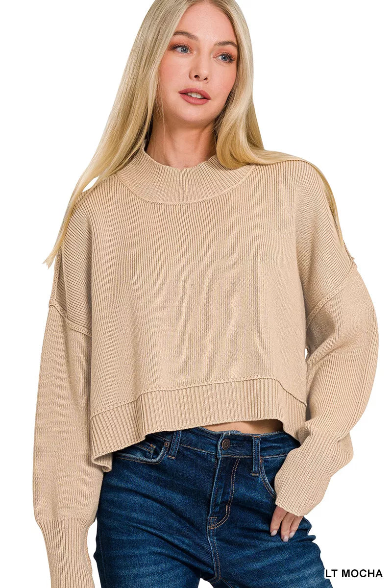 Mocha Zenana oversized cropped sweater with side slit and relaxed fit, casual knit sweater from Trendsi.