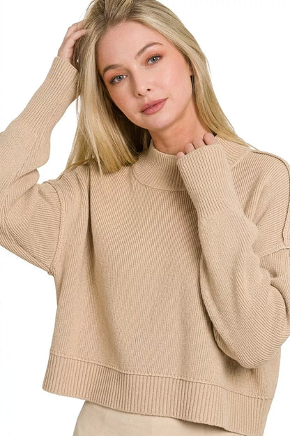 Mocha Zenana oversized cropped sweater with side slit, featuring a relaxed fit and stylish design perfect for casual wear.
