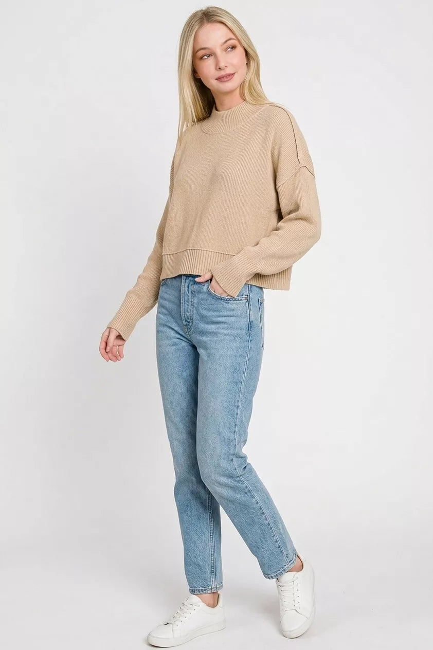 Mocha Zenana oversized cropped sweater with side slit, stylish and cozy, perfect for casual wear, by Trendsi.