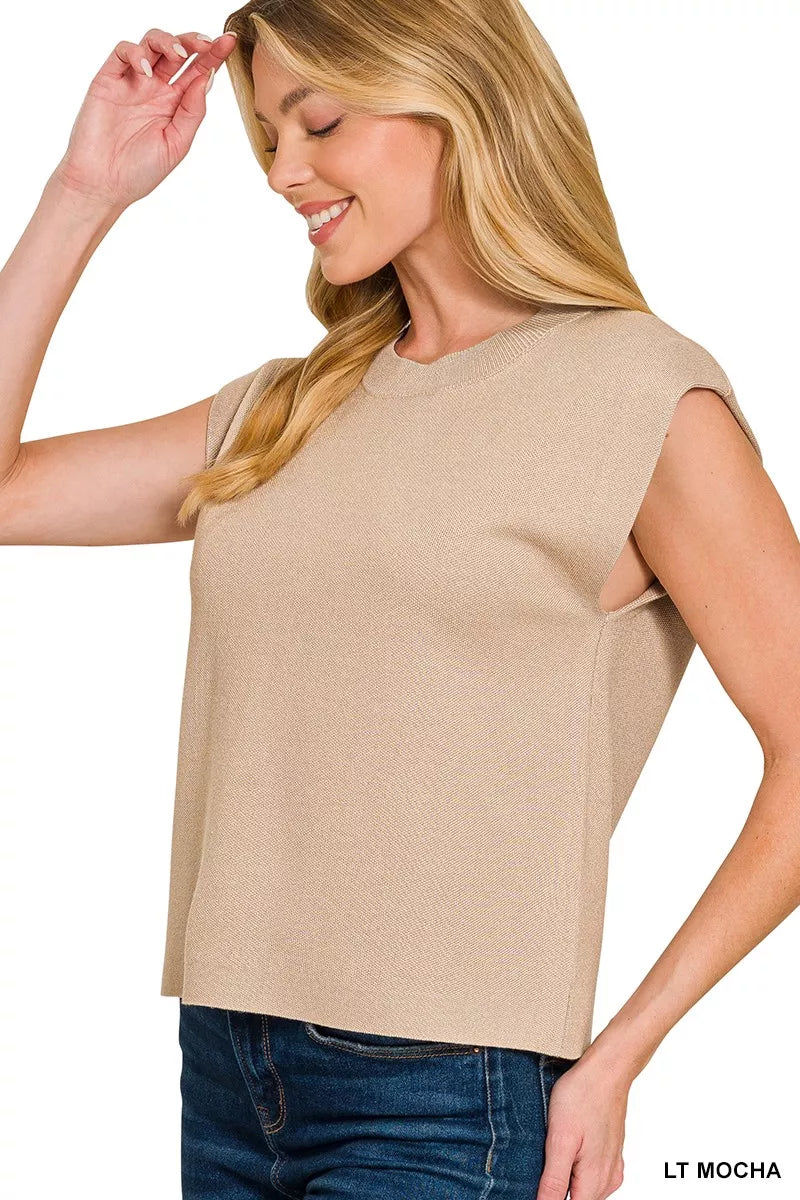 Mocha Zenana Viscose Sweater Vest with round neck, casual fit, sleeveless design, styled for layered look.