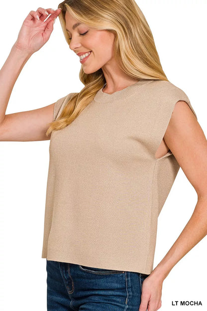 Mocha Zenana Viscose Sweater Vest with round neck, casual fit, sleeveless design, styled for layered look.
