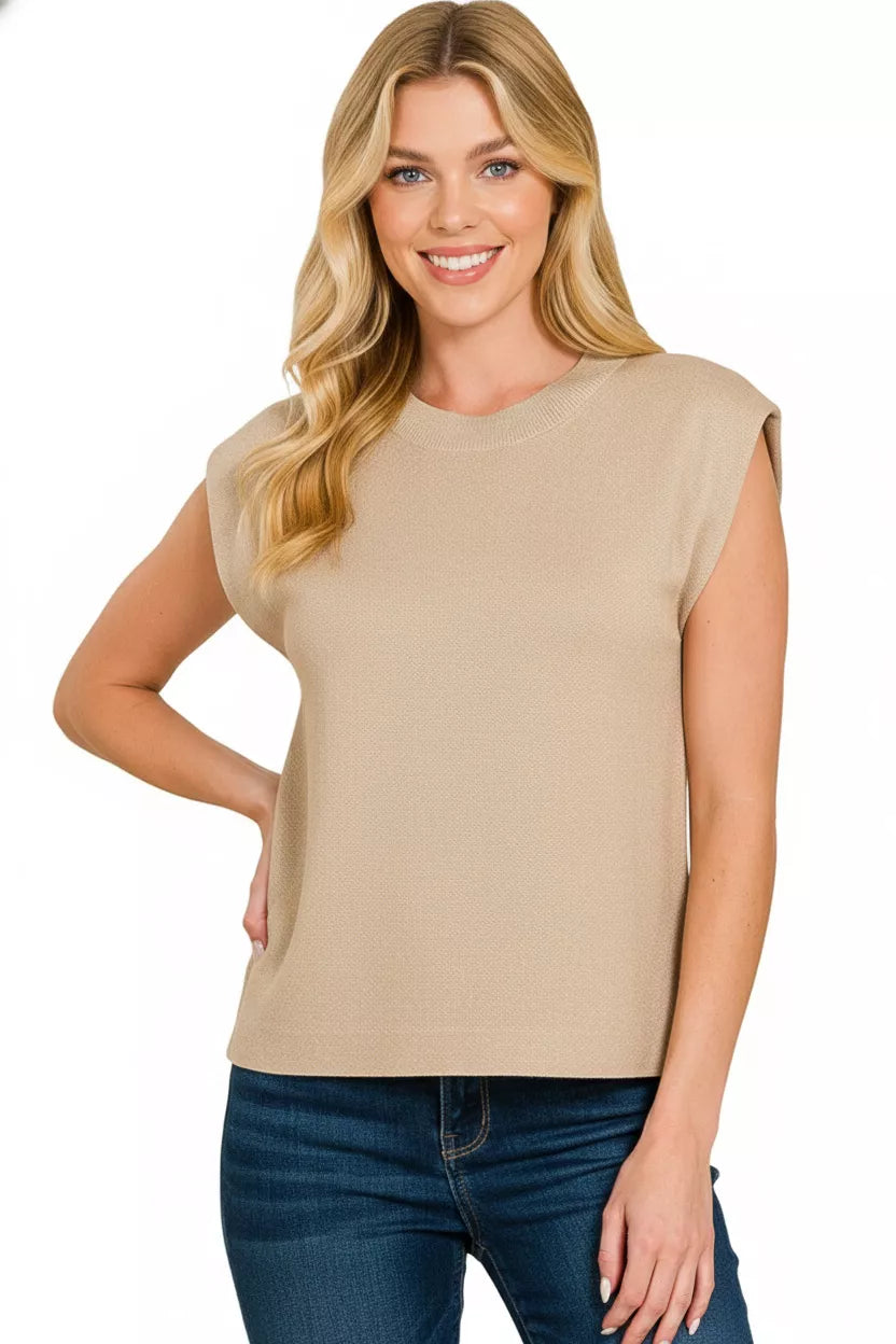 Mocha Zenana round neck viscose sweater vest with ribbed trim, styled for a casual layered look.
