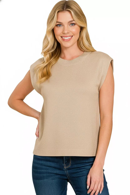 Mocha Zenana round neck viscose sweater vest with ribbed trim, styled for a casual layered look.