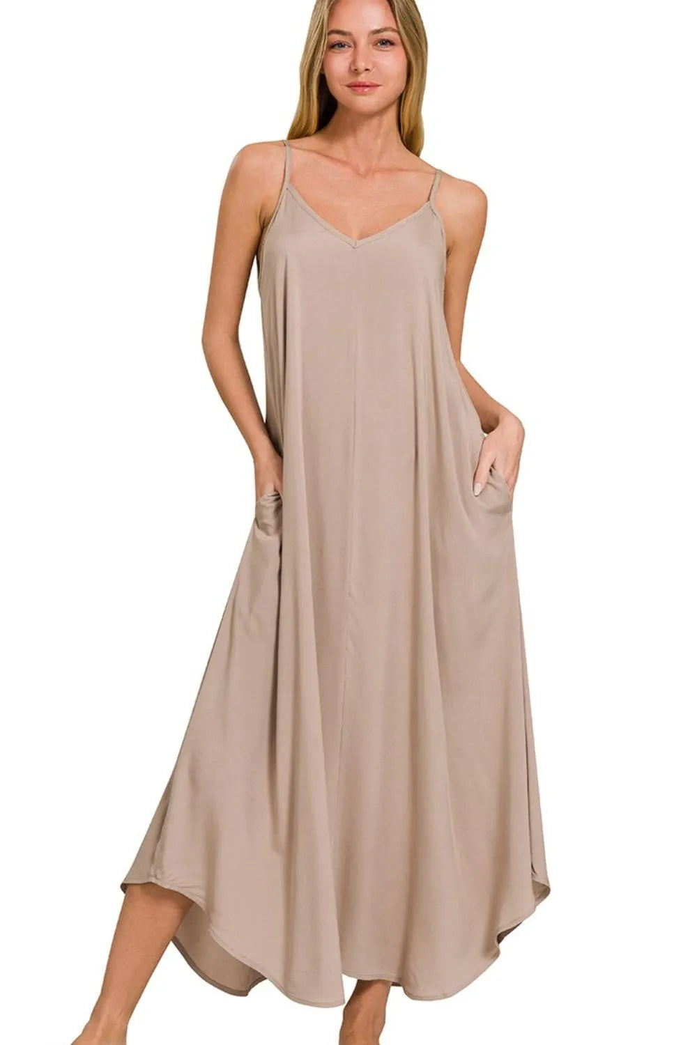 Mocha Zenana woven cami dress with arc hem, flowy pockets, sleeveless design, perfect for casual summer wear.